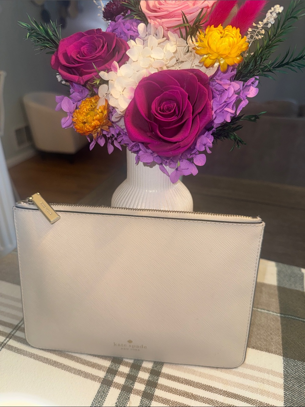 kate spade Saffiano Leather Zip Pouch in cream